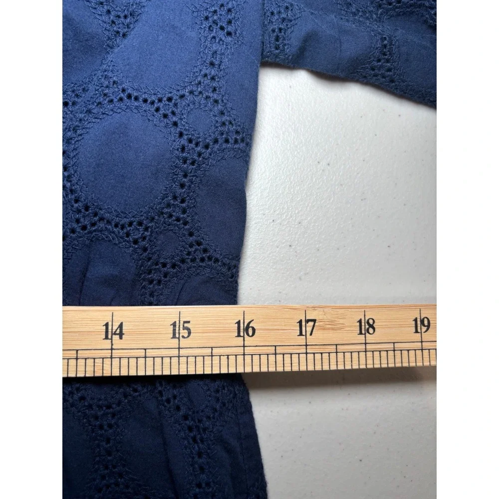 J.Crew Navy Blue Eyelet‎ Cotton Mini Dress 12 V-Neck Long Sleeve Lined Scallop